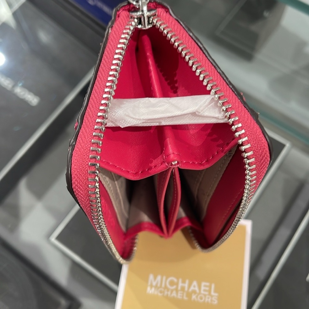 Michael Kors Women Medium Zip Around Card Case Coin Pouch Wallet Electric Pink - Picture 6 of 16